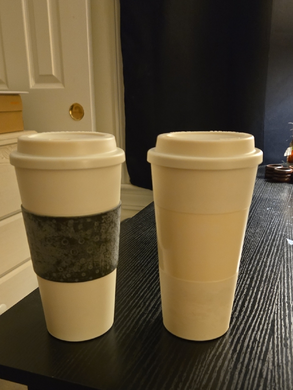 Set of 2 Cream Reusable Travel Mugs with One Removable Silicone Grip